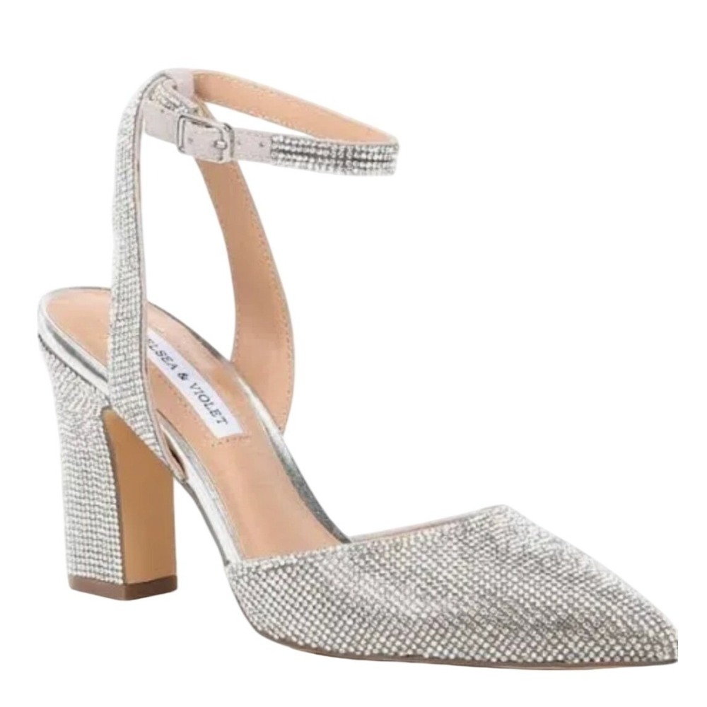 Chelsea&Violet Silver Rhinestone Block Heel Pointed Toe Slingback Pumps Wedding
